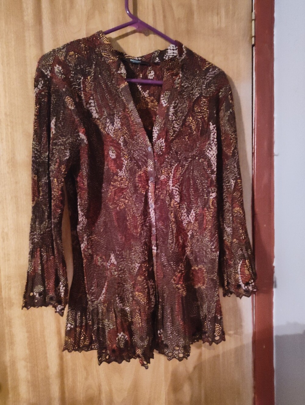 Womens Brown Multicolor Printed V-Neck Blouse